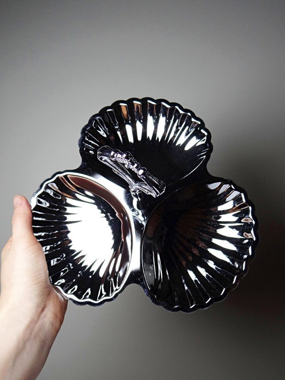 Image 1 of Servizio da portata vintage in metallo argentato con tre ciotole decorate con conchiglie, anni '70-'80.