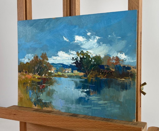 Pintura al óleo original Paisaje de Summer River Reflejo de la naturaleza