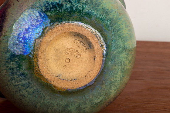 Image 1 of Vase Double Col de Style Art-Déco en Grés Flammé de Couleur Vert Irisé par Alphonse Cytère 1920