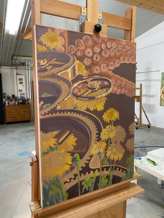 Image 1 of Zahnräder und Oktopus, Öl auf Leinwand, 100 x 70 cm, Sandra Kolondam
