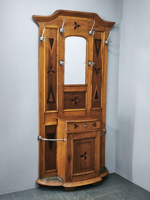 Porte-manteau Gründerzeit en chêne incrusté avec miroir, XIXe siècle, vers 1890
