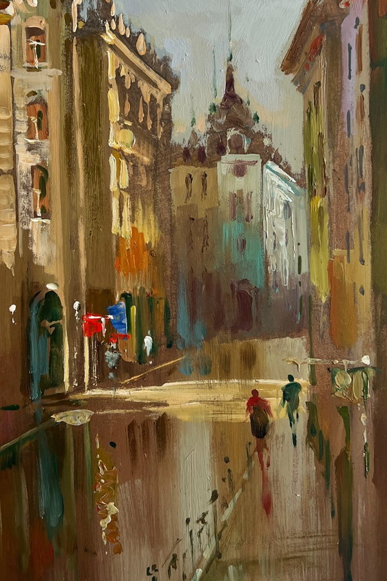 Image 1 of Original Oil Painting Gloomy City Landscape A quiet corner of the old town