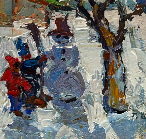 Image 1 of Original Oil Painting Winter Landscape Children are making a snowman