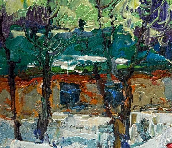 Image 1 of Original Oil Painting Winter Landscape Children are making a snowman