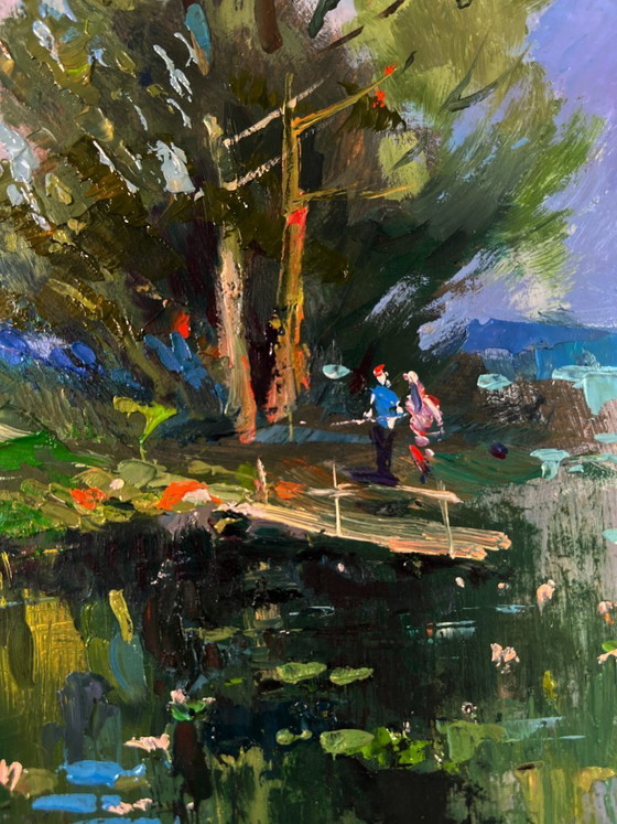 Image 1 of Original Oil Painting Summer Coastal Landscape Bridge over the river with people