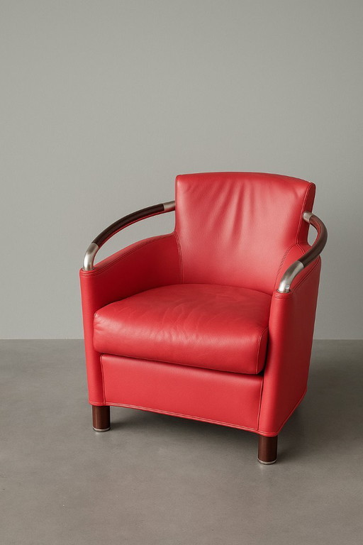 Set of 2 Giorgetti "Progetti" armchairs in red leather - Italian design - numbered custom edition