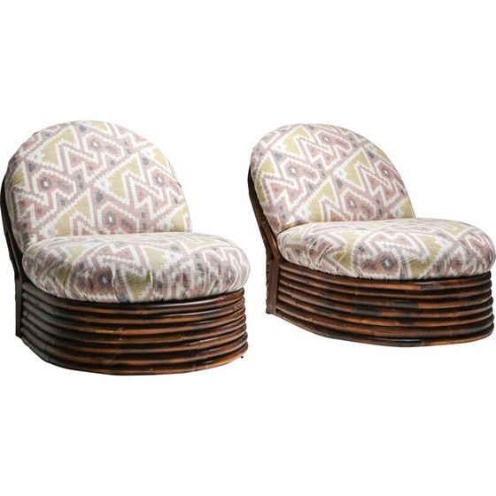 Image 1 of Pair of Vintage Bamboo Lounge Chairs in Pierre Frey Jacquard 1970s