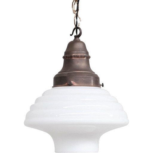 Vintage opaline en messing Franse hanglamp, jaren 1930
