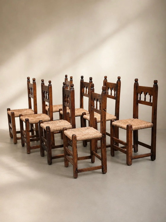 Set van 8 brutalistische, handgesneden eetkamerstoelen, Spanje (photo 8 of 8)