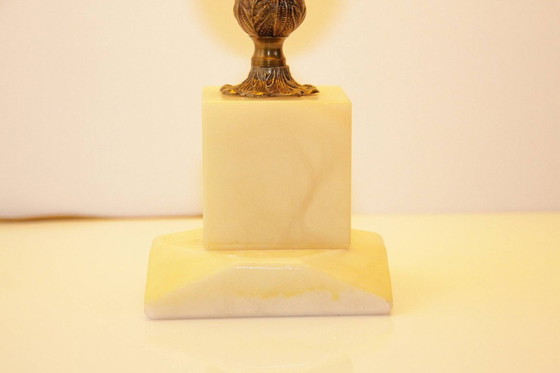 Image 1 of Lampe de table en pierre naturelle, laiton, simili cuir, franges, 67 cm, années 1970, J Vintage