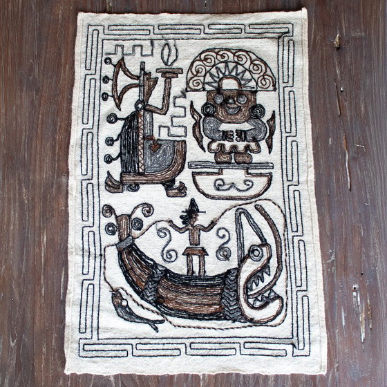 Image 1 of Vintage handgemaakt Latijns-Amerikaans wandtapijt: Maya Azteekse volkskunst, wollen geborduurd wandkleed