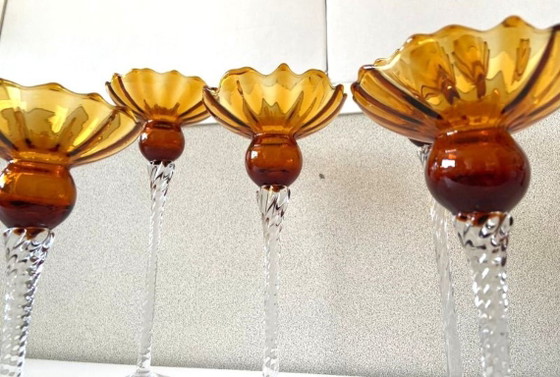 Image 1 of Élégant Quintuor Photophores Bougeoirs en Verre Cristal Art Design Empoli Italie