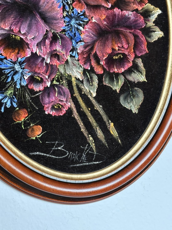 Image 1 of Vibrant Vintage Velvet Floral Painting - Small Oval Wooden Frame with Gold Trim (32x24.5cm)
