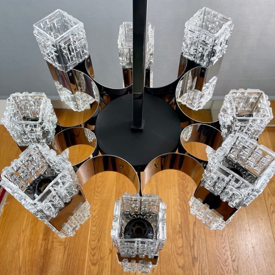 Image 1 of Italian 1970s Chandelier Attributed to Targetti, 16 Lights, Art Glass & Chrome Steel. Modernist Design