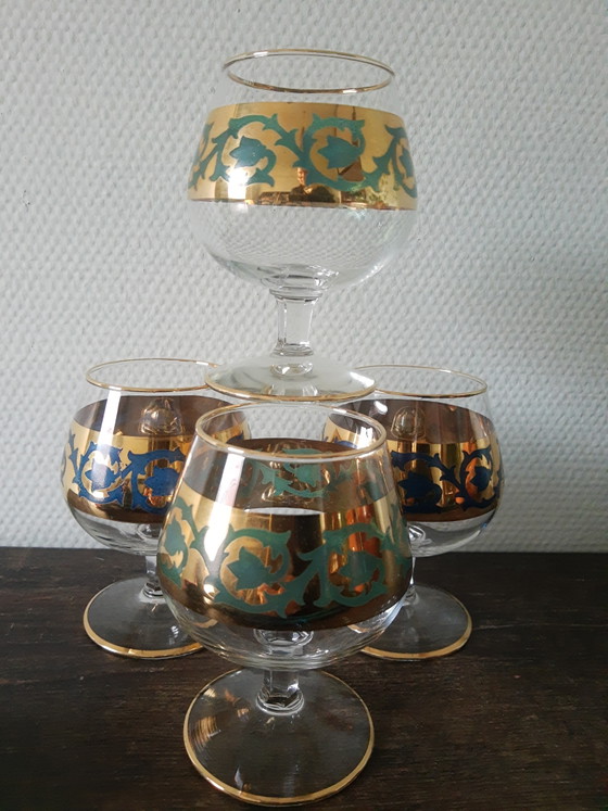 Image 1 of Prachtige 60's vintage brandy whisky whiskey cognac glazen met bladgouden randen en blauwe details