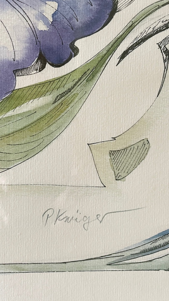 Image 1 of Irisblüte auf Papier Rahmen Holz Vintage