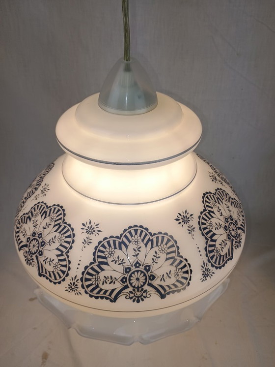 Image 1 of Mid Century Murano Pendant Light White Opaline Textured Engraved Glass Lantern 1950s