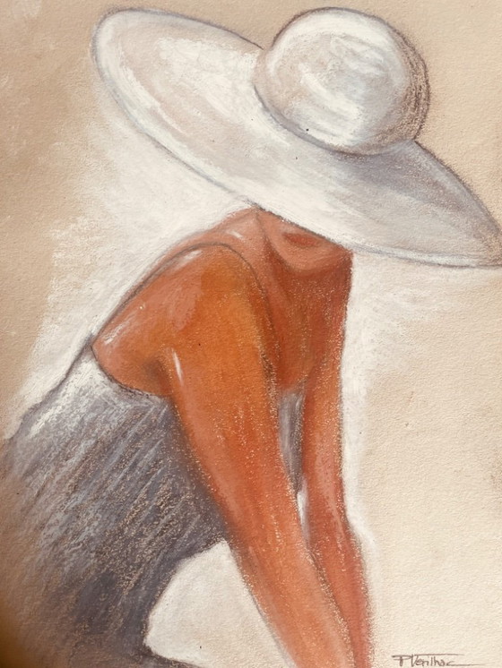 Image 1 of Pastel painting, portrait of a woman in a white hat, "full sunlight"