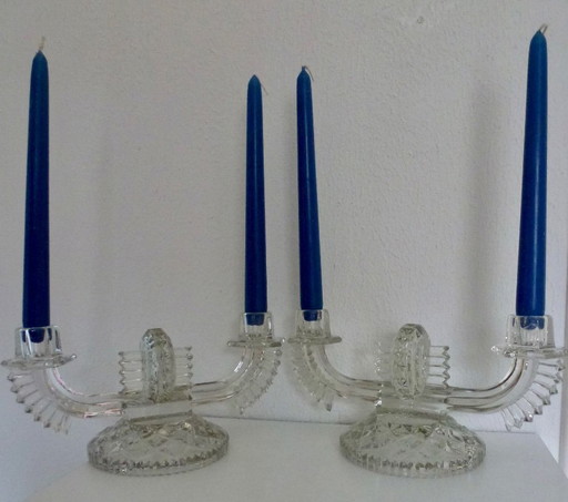 2 bougeoirs en verre pressé Art Déco Feigl & Morawetz