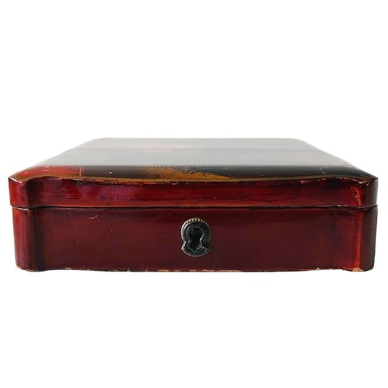 Image 1 of Antique Japanese burgundy red lacquer box, hand-painted with flowers and birds, 1920s