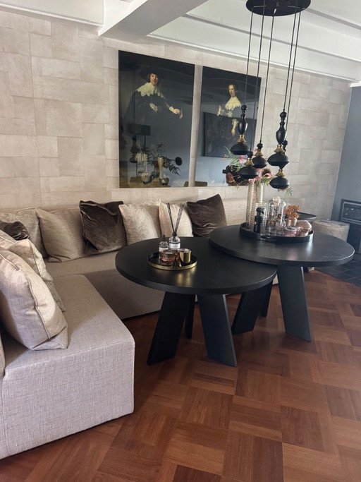 Beautiful large dining area with corner sofa and 2 round tables – zithoek, Textile, Wood