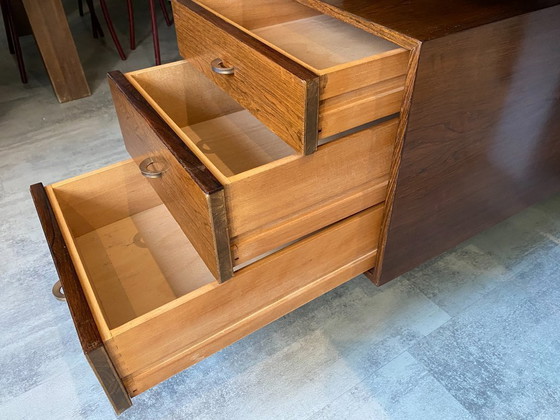 Image 1 of Scrivania direzionale bifacciale in stile scandinavo, in palissandro e metallo, con 6 cassetti, vintage anni '60.