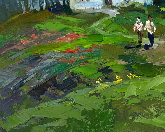 Image 1 of Original Oil Painting Summer Village Landscape Harmony of nature and human labor