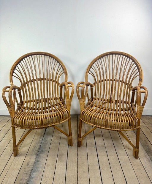 Vintage 1960 rotan en bamboe fauteuils (het paar)