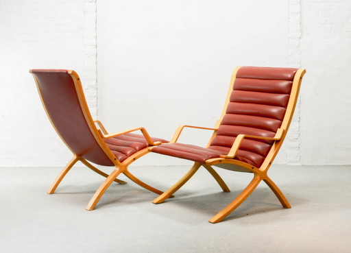 2 coppie di poltrone AX Lounge in pelle rossa imbottita con schienale alto di Fritz Hansen di Hvidt e Molgaard Nielsen