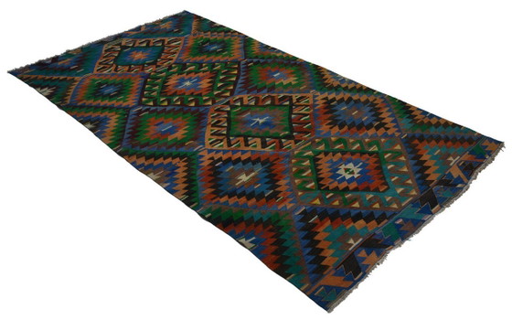 Groot vintage Anatolisch kilimkleed – Kleurrijk geometrisch handgeweven wollen platgeweven tapijt 308 x 164 (photo 5 of 10)