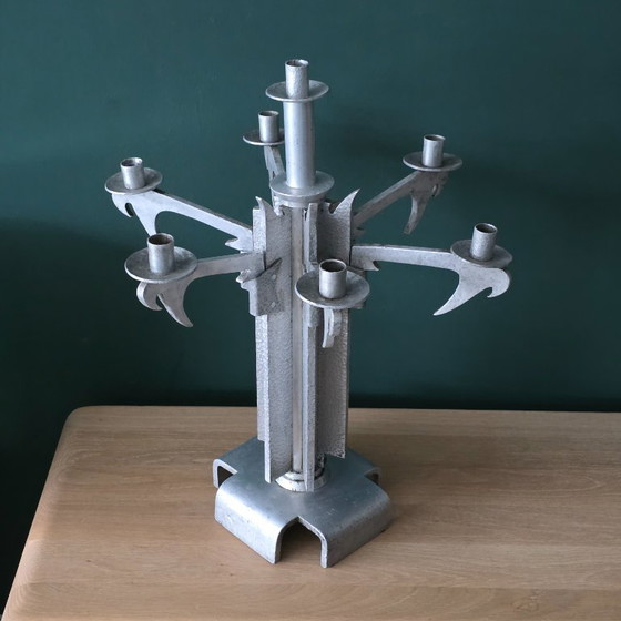 Image 1 of Unique large vintage brutalist aluminum candlestick — attributed to Helmut Schluter — 7 candles — Germany - Handmade