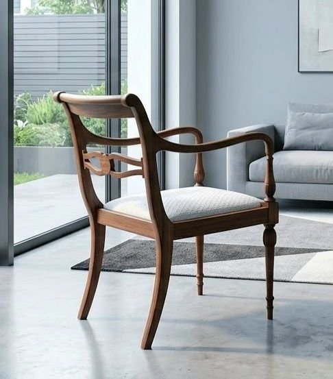 Antique Directoire style solid wood Armchair - openwork frame and saber legs, Cotton, Beige (photo 12 of 15)
