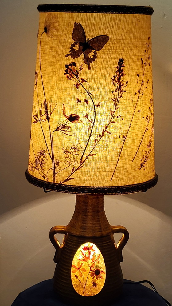Image 1 of Lampe Accolay en Céramique et Abat Jour Herbier, France 1970