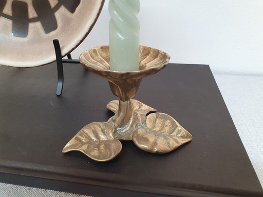 Brass Candlestick Flower, Leaves. Vintage Candle Holder.