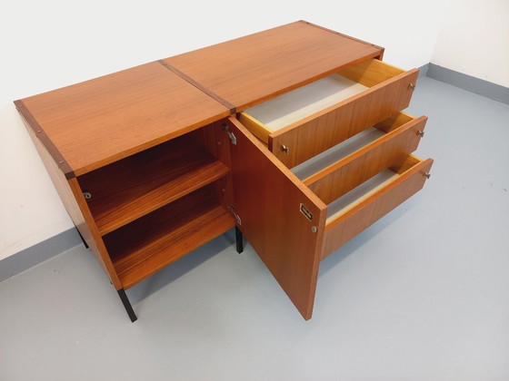 Image 1 of Vintage modernist sideboard by ARP Minvielle, designed by Guariche Mortier Motte, in teak and black metal, from the 1960s