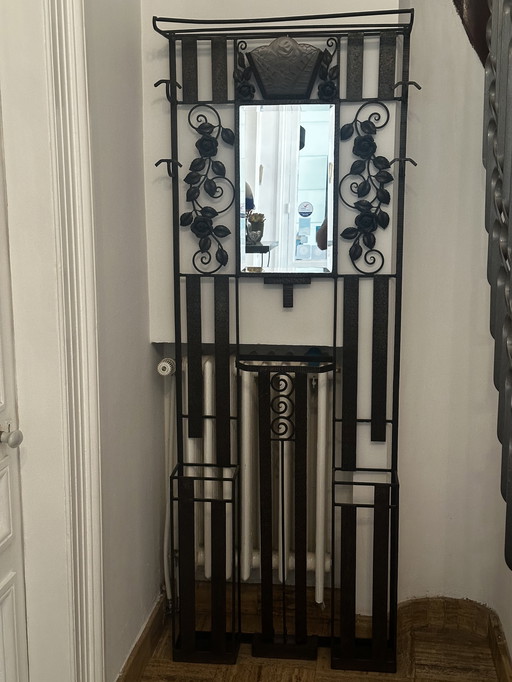 Vestiaire porte-manteaux Art-Deco fer forgé et lampe Degue