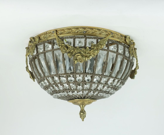 Image 1 of grande lampada da soffitto glamour anni '60 cristalli di vetro bronzo stile hollywood regency anni '60-'70