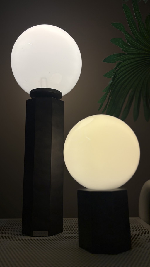 2er-Set Vintage Bony Design Space Age Stehlampe mit Kugelform, graues Glas