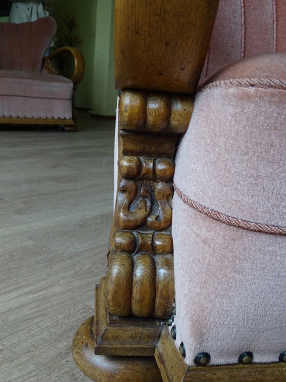 Image 1 of ⚠️ 2 sur 4 encore disponibles | Fauteuils club Art déco (env. 1920-1950) | Velours rose poudré | Chêne sculpté