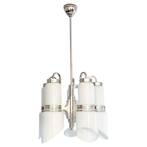 1X Modernist Murano And Steel Chandelier In Space Age Style
