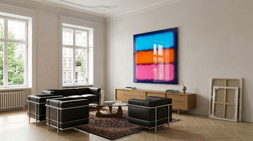 Abstract color field painting in baby blue, orange, and pink | Fluorescent style | XXL 0.5 cm acrylic glass 95 cm x 95 cm