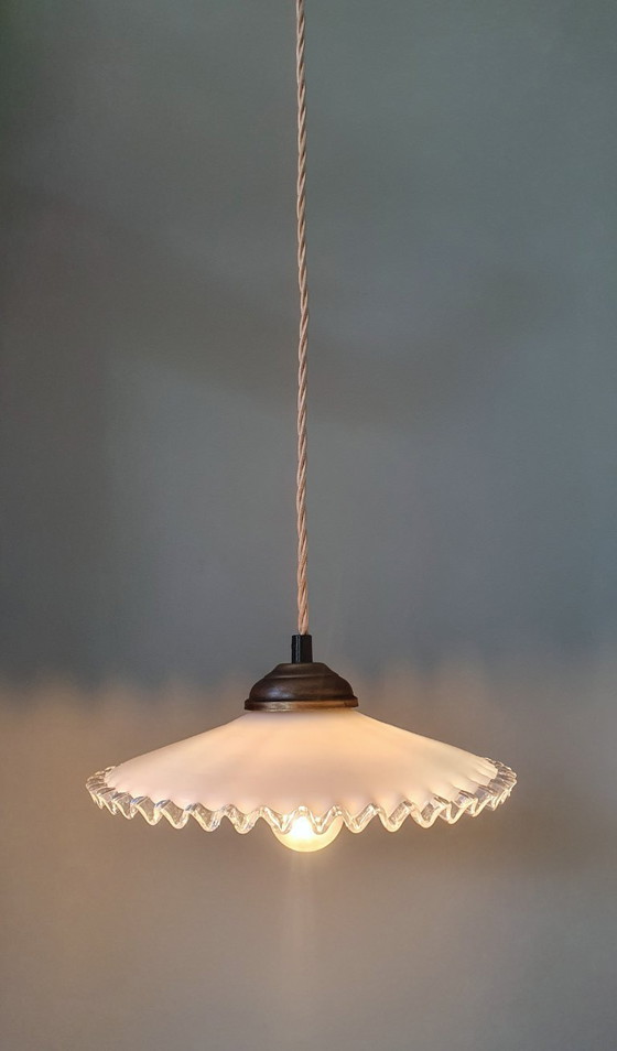 Image 1 of vintage pendant lamp of white opaline glass - fringes - clichy