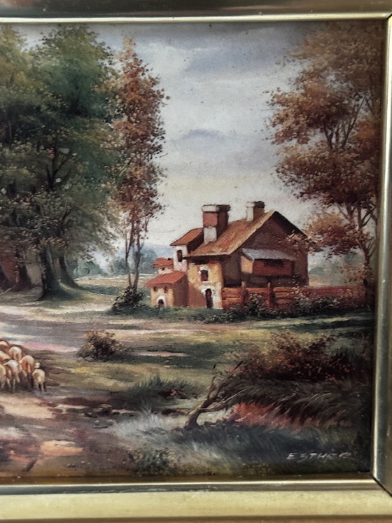 Enamel on Metal Signed ESTHER – Pastoral Landscape – Vintage Framed – Paintings & Drawings, Wood (photo 6 of 13)