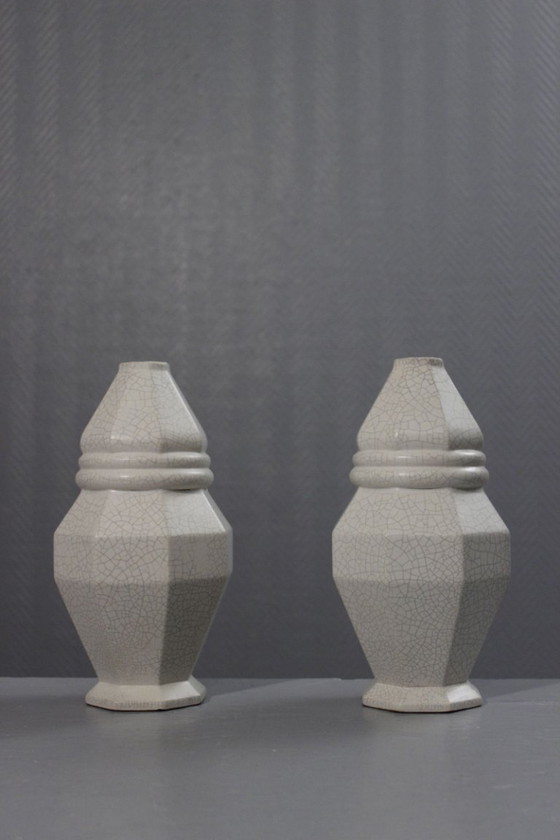 Image 1 of Coppia di vasi in terracotta di Saint Clément Craquelé a smalto periodo Art Déco 1930