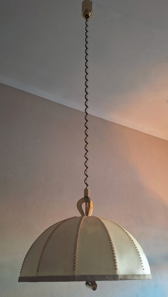 Image 1 of Large Leather, Vellum and Brass Cocoon Chandelier, Italy 1950s