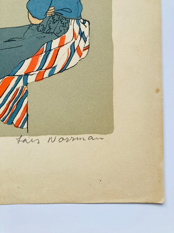 Image 1 of Lars Norrman - Vintage Lithografie - Vrouw in Nederlandse Klederdracht