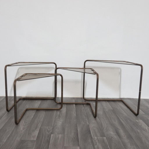 Set of 4 Modular Metal and Glass Coffee Tables, 1960s Modern Design