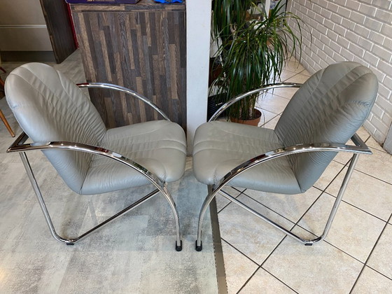 Image 1 of Pareja de sillones plegables Souvignet en cuero cromado gris, 1980