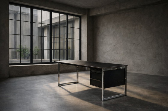 Image 1 of Vintage Mid-Century Danish Modern Minimalist Black Oak Desk with Chrome Base, 1970s