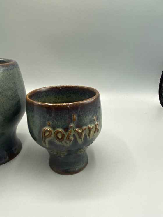 3 geëmailleerde aardewerken koffie-, zout- en pepervaatjes – handgemaakt aardewerk – Servies (photo 4 of 10)